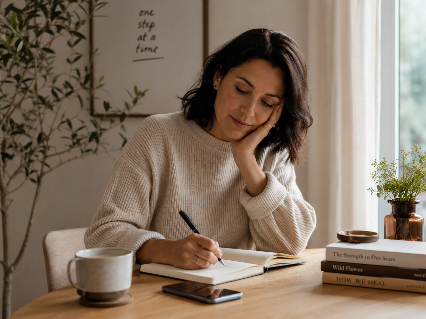 Quiet journaling and reflection by a window in warm natural light