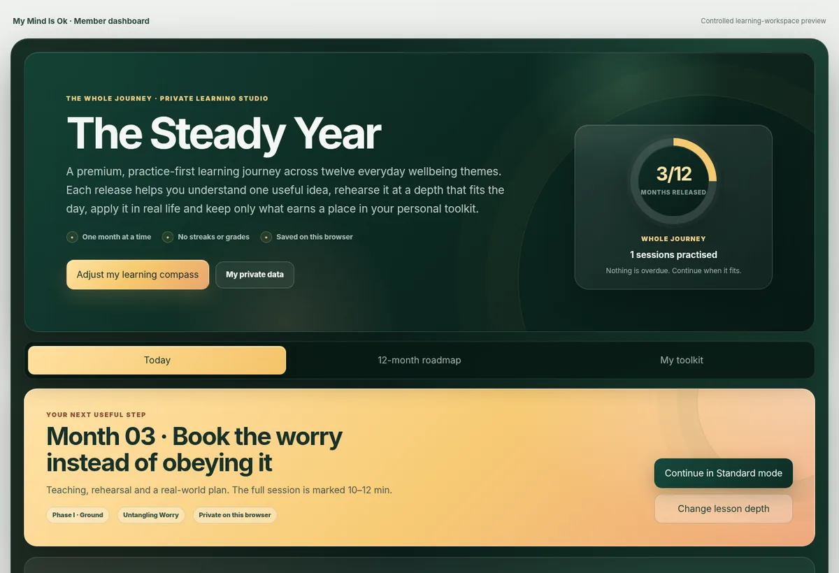 The Steady Year private learning studio showing a paced twelve-month roadmap